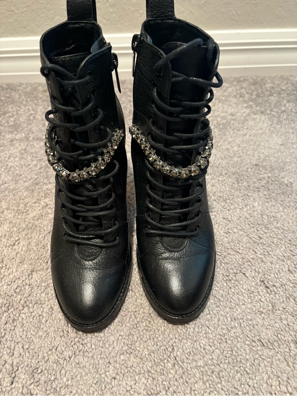 Jimmy Choo Black Leather Lace-Up Boots with Crystal Chain